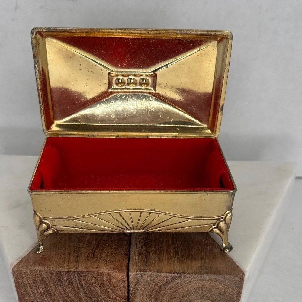 Estate Brass Jewelry Velvet Lined Casket with Gem Accents
